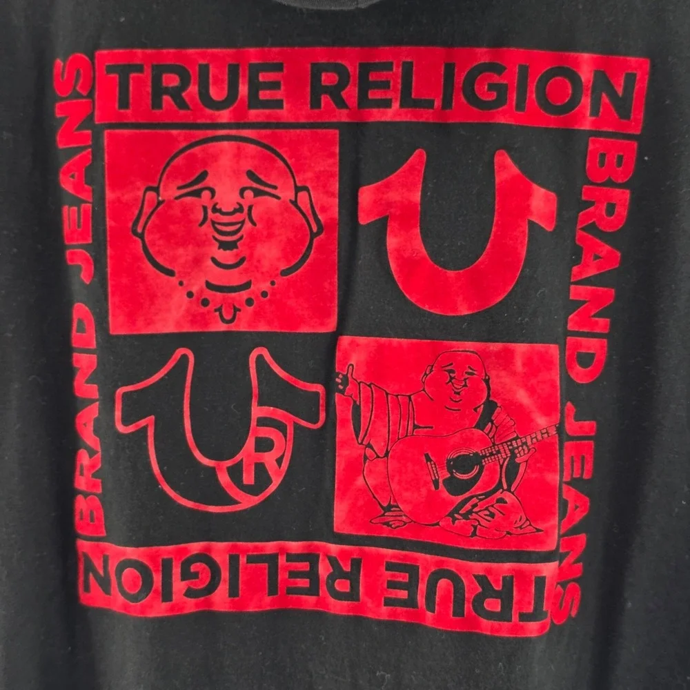 True Religion Sleeveless Hoodie Mens Large Black Graphic Buddha Horseshoe Logo
